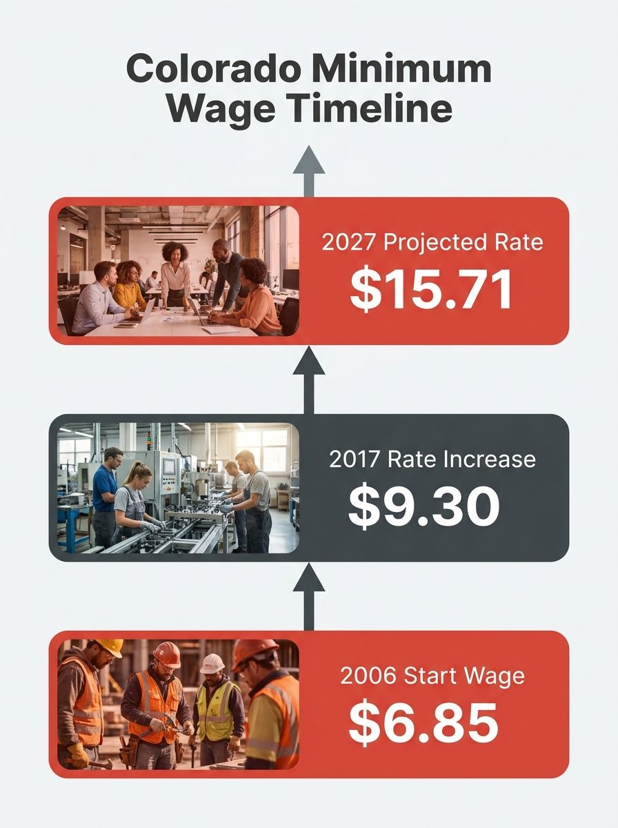 Infographic showing a timeline of Colorado minimum wage rates from 2006 to 2027, with each year's rate labeled on ascending steps, illustrating the steady CPI-driven climb from $6.85 to $15.71