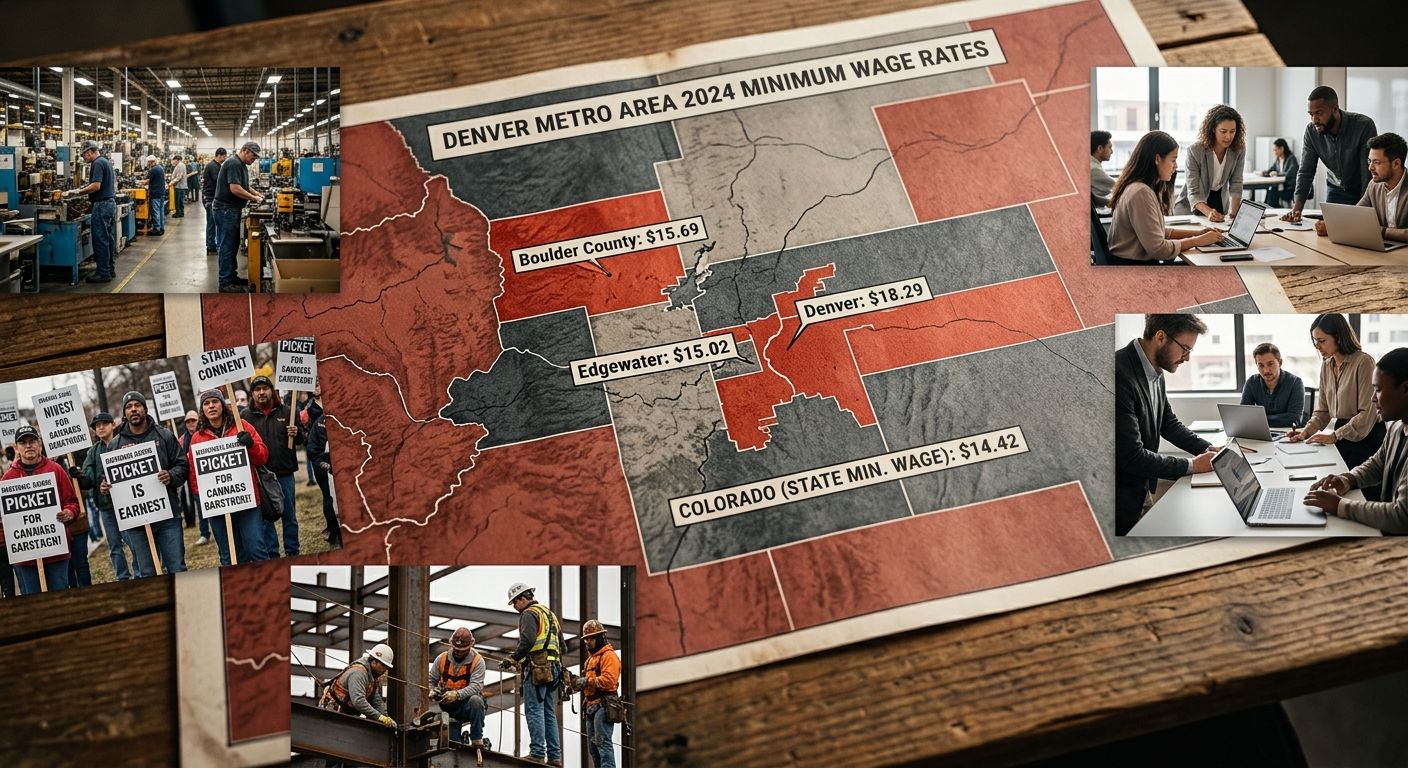 Map of the Denver metro area highlighting Denver, Boulder County, and Edgewater with their respective 2024 minimum wage rates displayed, contrasted against the surrounding state baseline rate of $14.4