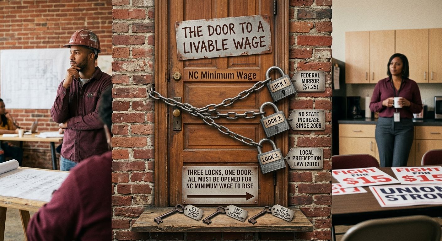 A diagram showing three locks on a door labeled "NC Minimum Wage", Lock 1: Federal Mirror ($7.25), Lock 2: No State Increase Since 2009, Lock 3: Local Preemption Law (2016), illustrating how all three