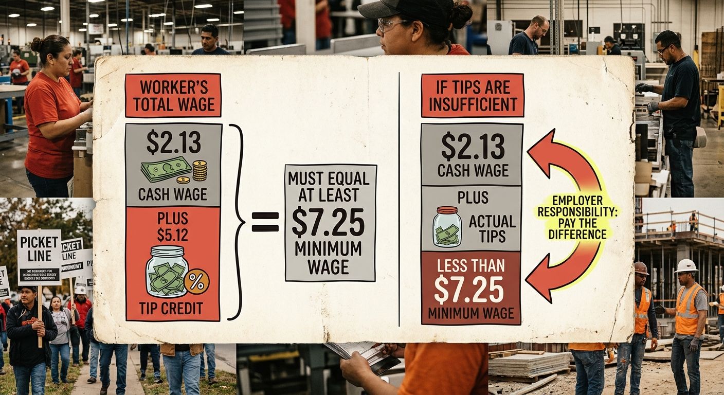 Diagram showing how the tipped wage calculation works in Texas, $2.13 cash wage plus tip credit of $5.12 must equal at least $7.25, with an arrow showing employer responsibility to pay the difference