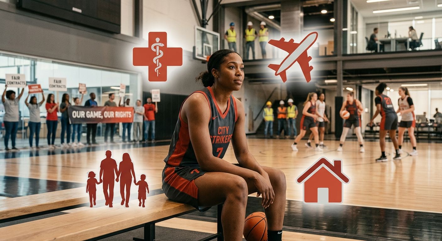 Illustration showing a WNBA player surrounded by icons representing CBA workplace protections: a medical cross for health staffing, an airplane for charter travel, a family silhouette for parental lea