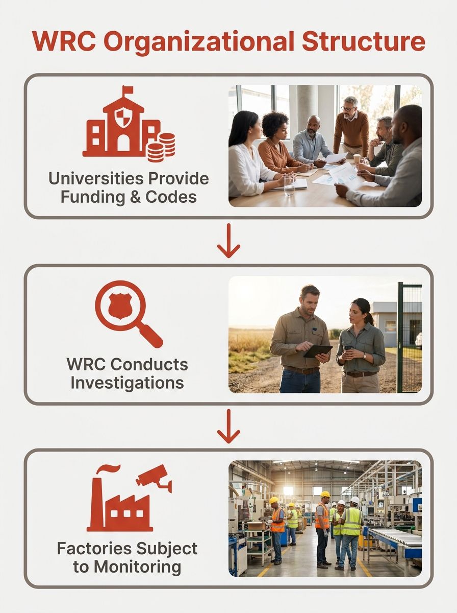 A diagram showing the WRC's organizational structure, with universities at the top providing funding and codes, the WRC in the middle conducting investigations, and factories at the bottom subject to 