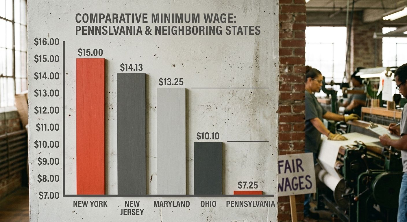 A bar chart comparing Pennsylvania's $7.25 minimum wage with neighboring states' rates including New Jersey, New York, Maryland, and Ohio, showing PA at the bottom