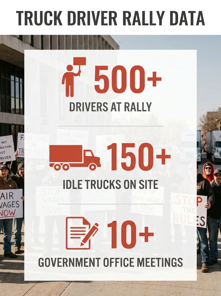 Truck drivers hold signs outside a government office during a daytime rally, with transport trucks visible in the background