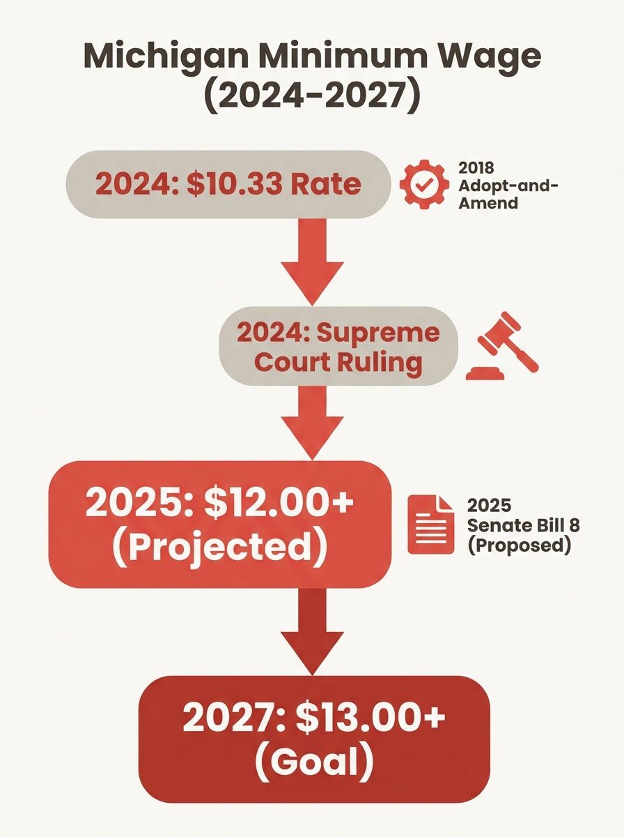 Timeline infographic showing Michigan minimum wage rates from 2024 to 2027, with key legal events (2018 adopt-and-amend, 2024 Supreme Court ruling, 2025 Senate Bill 8) marked at corresponding points a