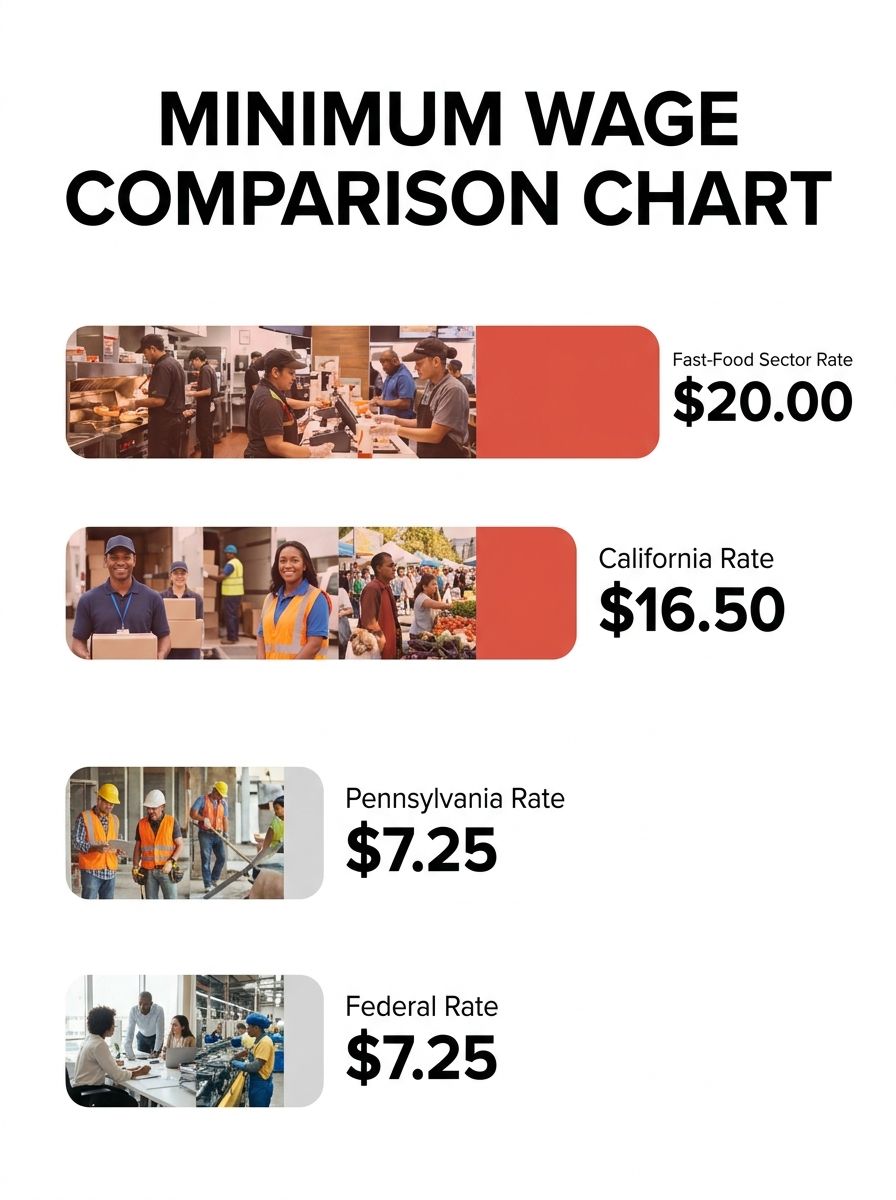 Comparison bar chart showing California's $16.50 minimum wage alongside the federal $7.25 rate, Pennsylvania's $7.25, and fast-food sector $20.00 rate, with clear labels and dollar amounts