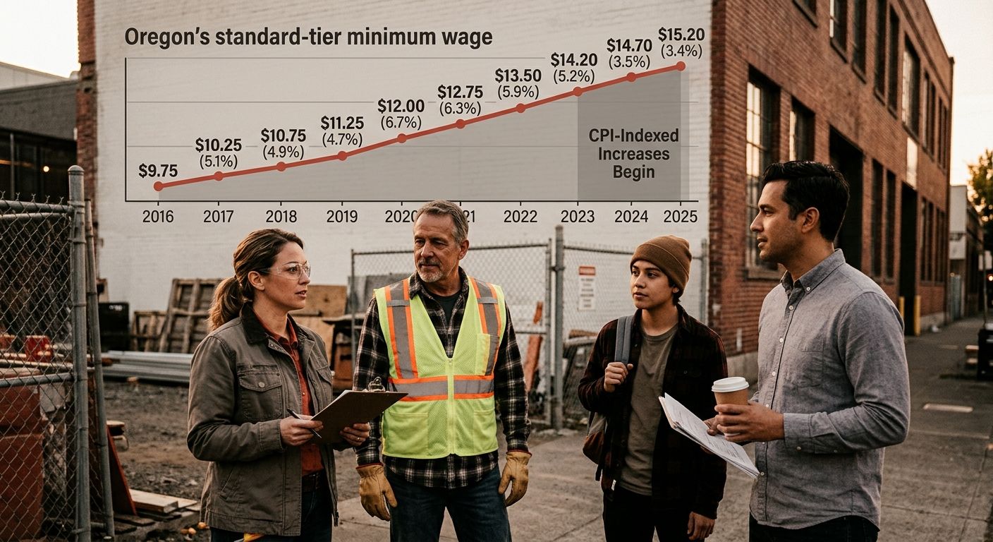 A line chart showing Oregon's standard-tier minimum wage from 2016 to 2025, with each July 1 adjustment point labeled with the dollar amount and the percentage increase, illustrating the transition fr