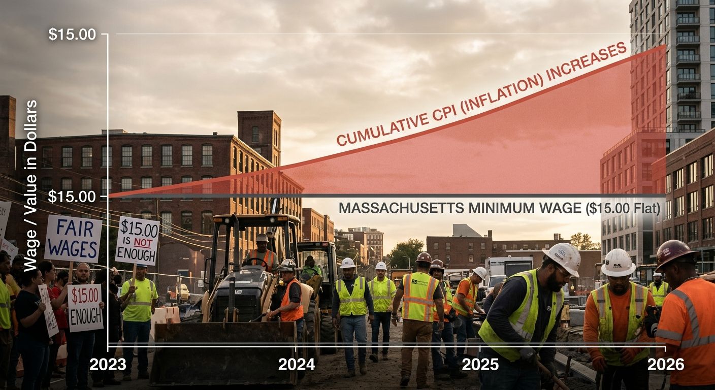 Infographic comparing Massachusetts flat minimum wage at $15.00 from 2023-2026 against a rising inflation line showing cumulative CPI increases over the same period, with the growing gap between the t