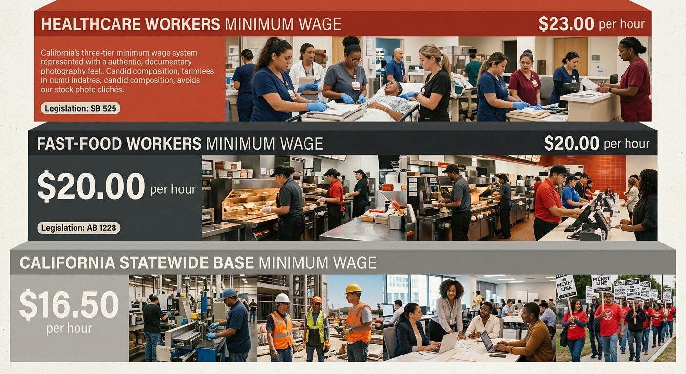 Infographic showing California's three-tier minimum wage system as stacked horizontal layers, statewide $16.50 base on bottom, fast-food $20.00 in middle, healthcare $23.00 on top, with labeled legisl