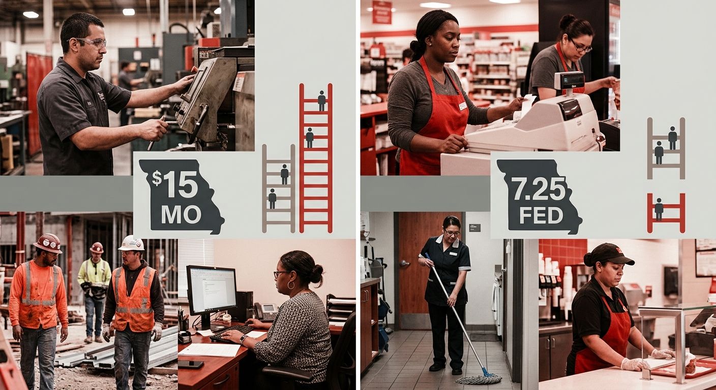 A visual comparison showing the gap between Missouri's $15.00 minimum wage and the $7.25 federal minimum wage, with icons representing different worker categories at each tier