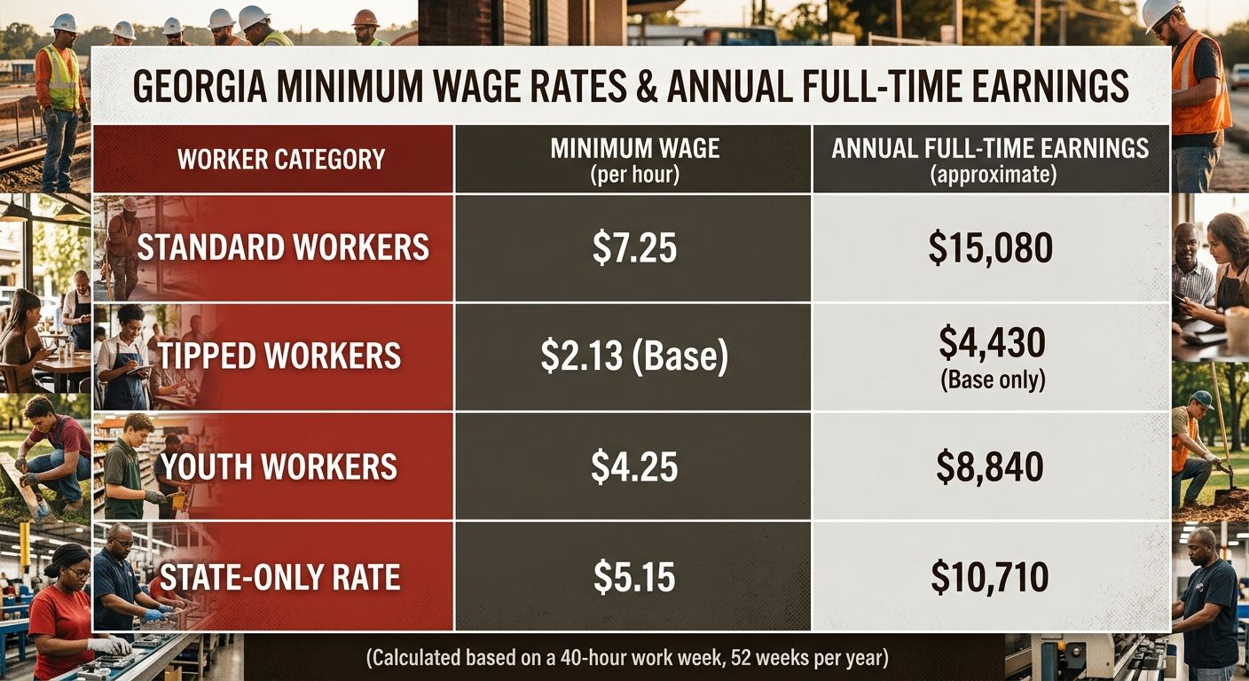 A side-by-side comparison table showing Georgia's minimum wage rates for different worker categories: standard workers at $7.25, tipped workers at $2.13 base, youth workers at $4.25, and the state-onl