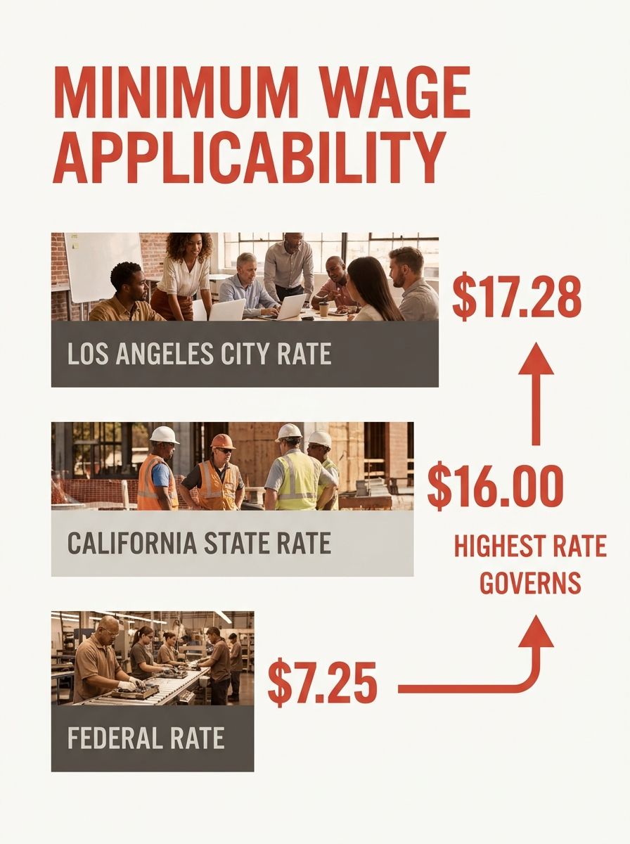 infographic showing three stacked horizontal bars representing federal ($7.25), California state ($16.00), and Los Angeles city ($17.28) minimum wage rates, with arrows indicating that the highest app
