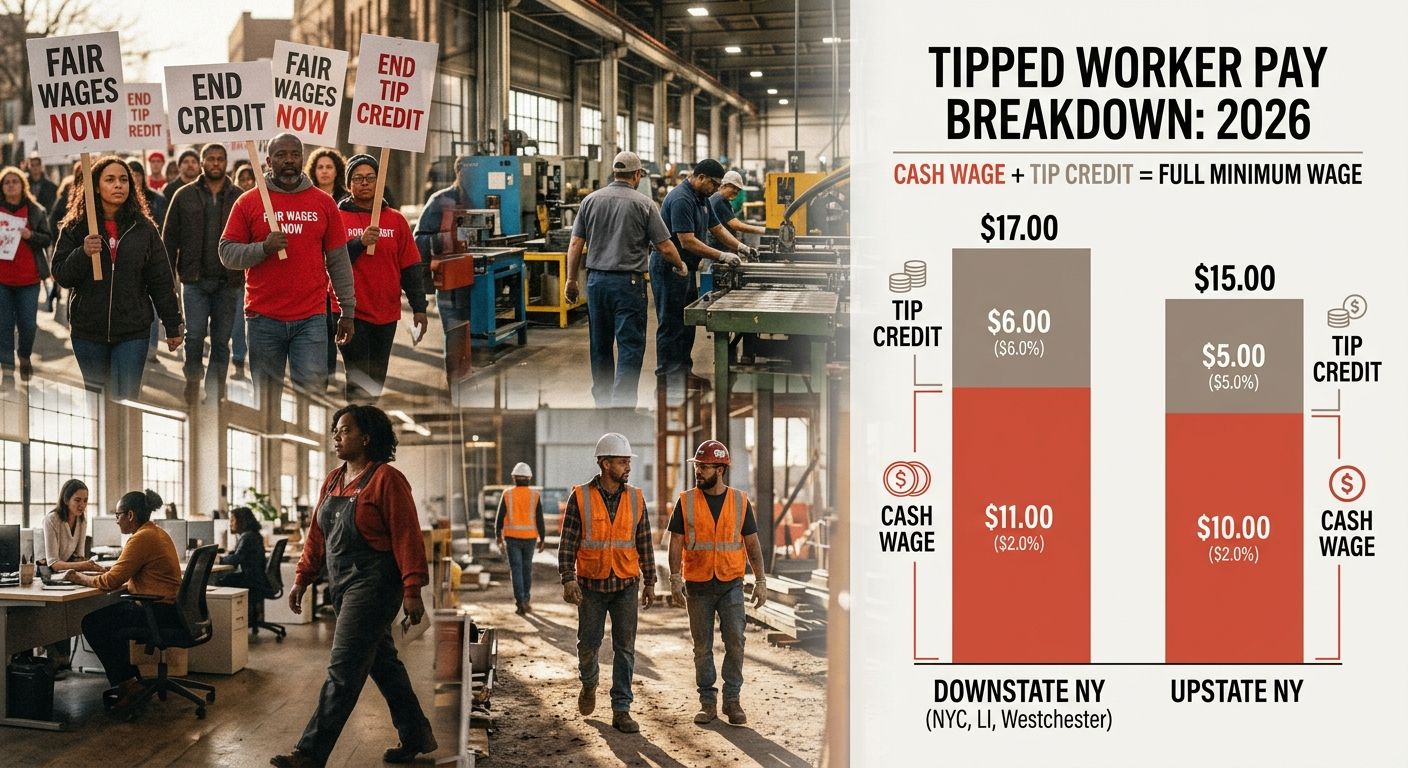 An infographic showing the breakdown of tipped worker pay in New York for 2026, with stacked bar charts illustrating cash wage plus tip credit equaling the full minimum wage for both downstate and ups