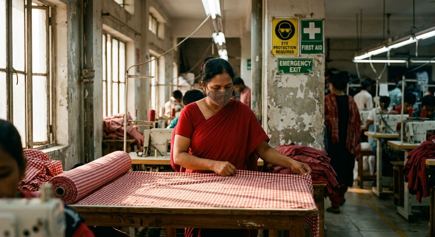 A worker in a garment factory examining fabric at a workstation, with safety signage visible on the walls behind them