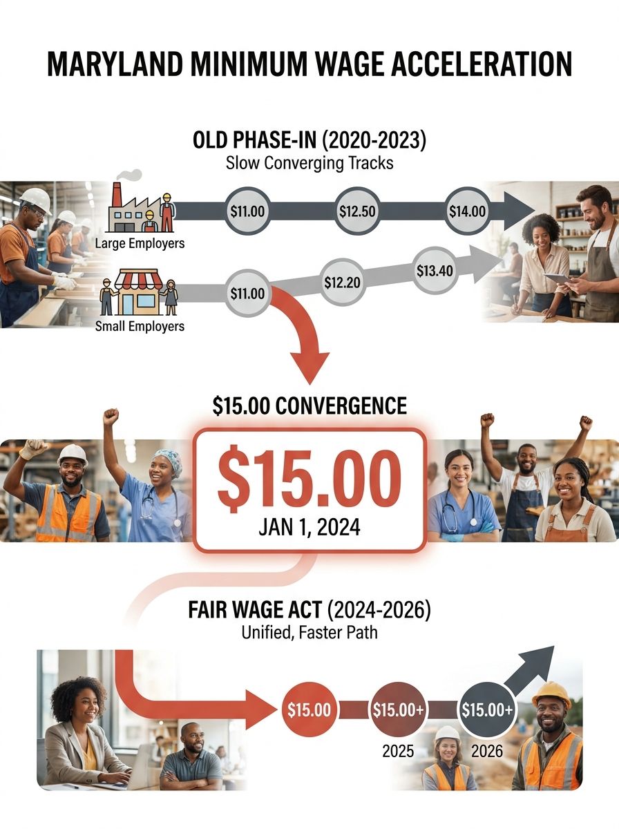 infographic comparing Maryland's minimum wage timeline from 2020 through 2026, showing the old phase-in schedule versus the accelerated Fair Wage Act timeline, with separate tracks for large and small