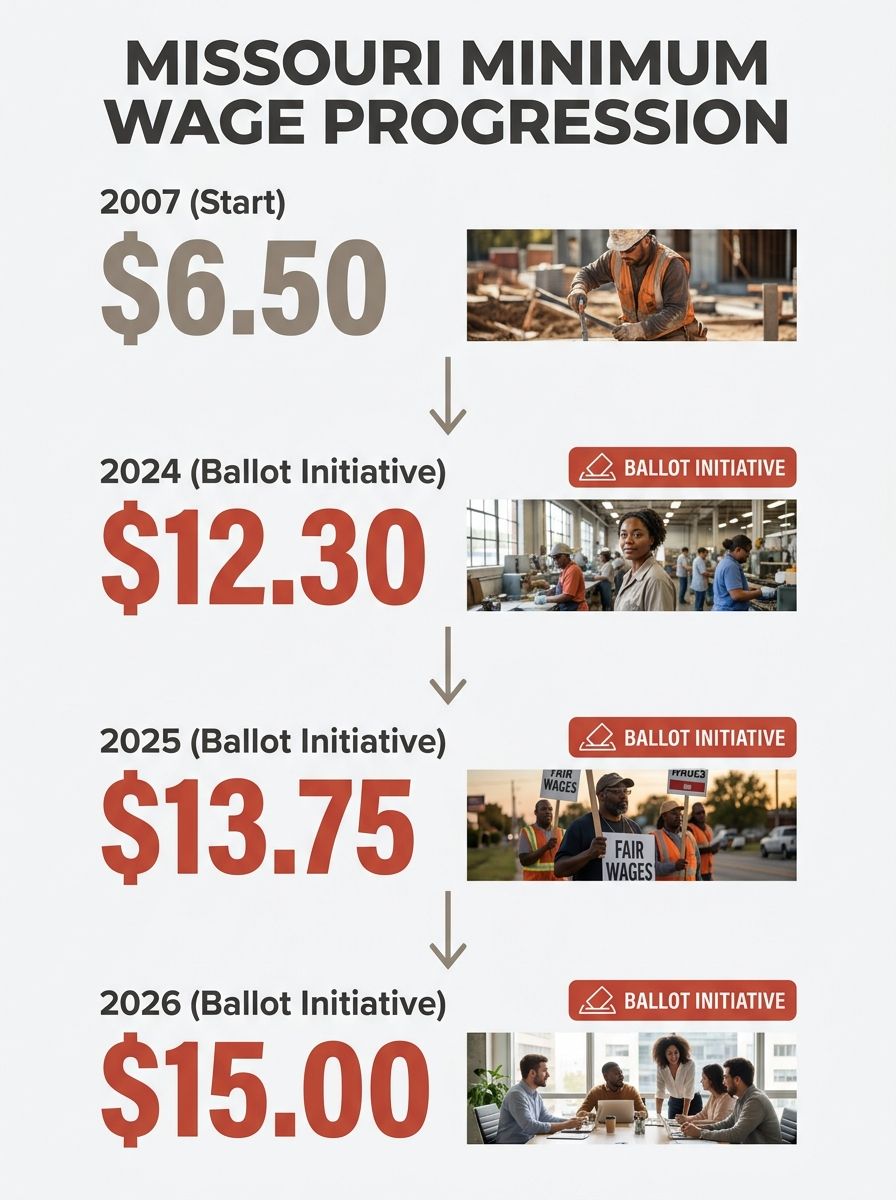 infographic showing Missouri minimum wage progression from $6.50 in 2007 to $12.30 in 2024, $13.75 in 2025, and $15.00 in 2026, with ballot initiative labels at each major jump point