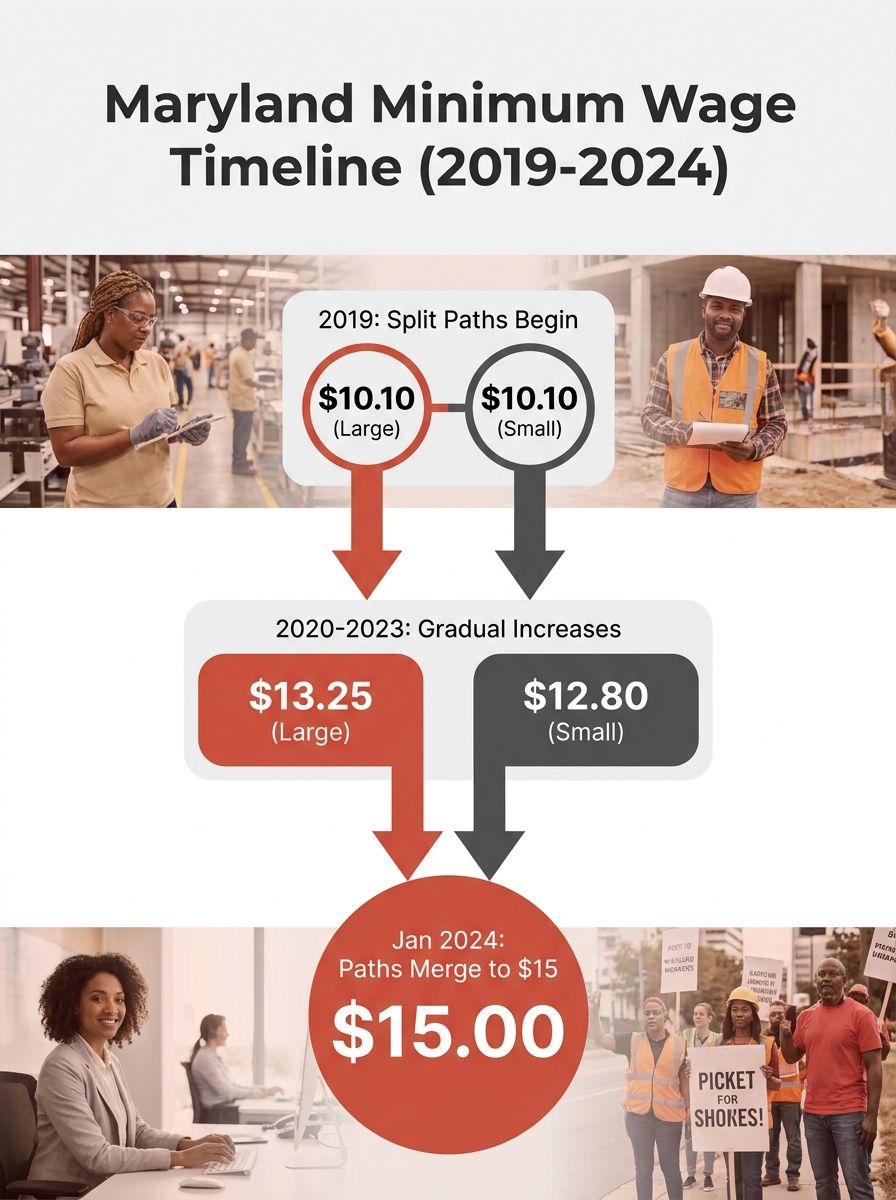 Infographic showing Maryland's minimum wage timeline from 2019 to 2024, with the split schedule for large employers versus small employers and the Fair Wage Act's acceleration point collapsing both tr
