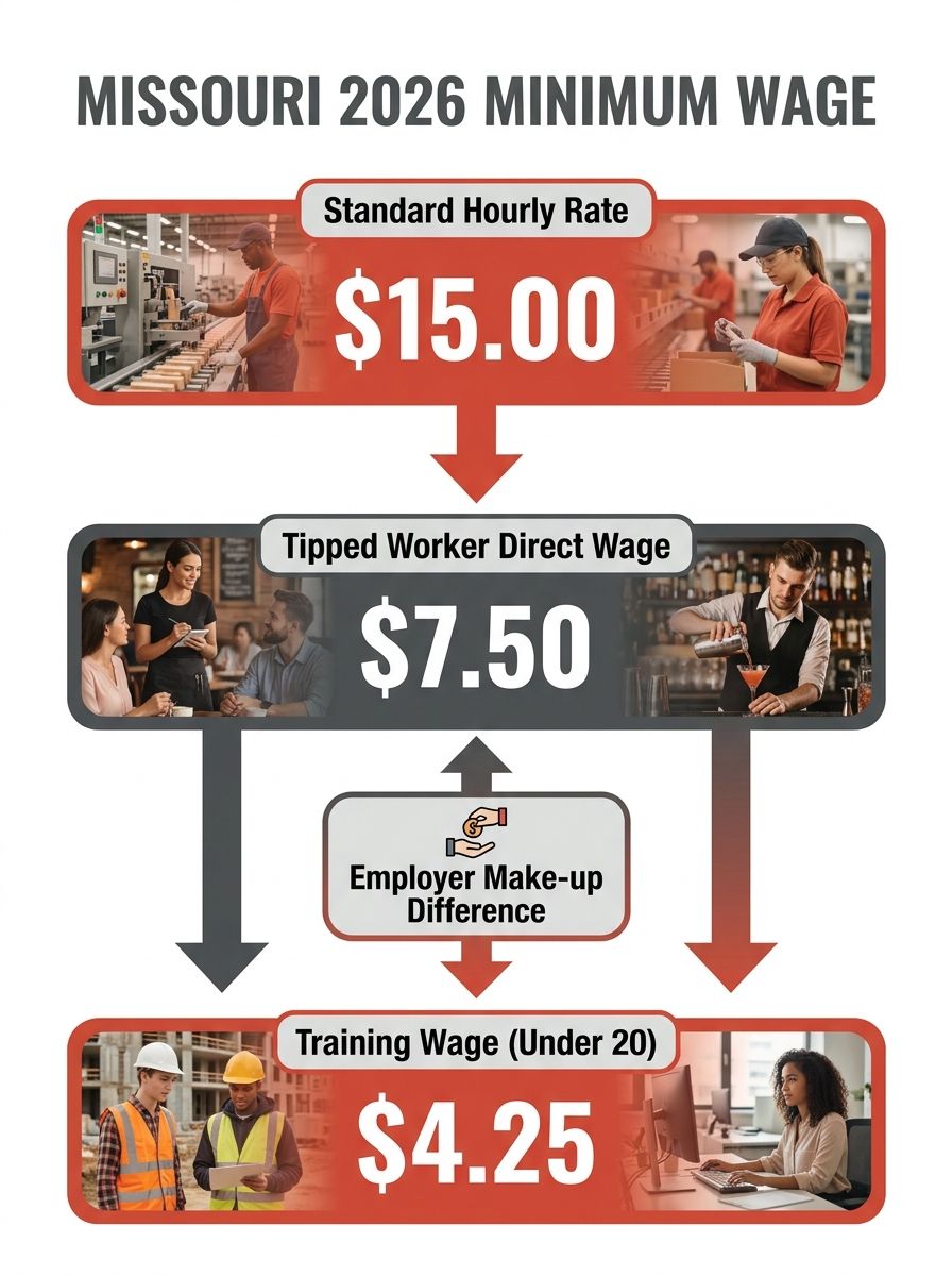 An infographic showing Missouri's minimum wage tiers for 2026, $15.00 standard rate, $7.50 tipped worker direct wage, and $4.25 training wage for workers under 20, with arrows indicating when employer