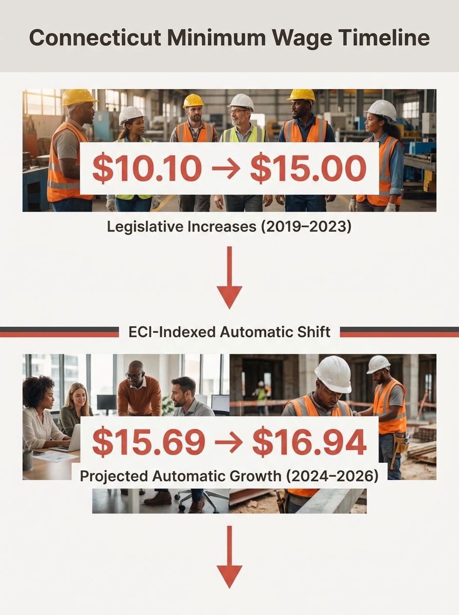 An infographic showing the timeline of Connecticut minimum wage increases from $10.10 in 2019 through $15.00 in 2023, then the ECI-indexed increases to $15.69 in 2024, $16.35 in 2025, and $16.94 in 20