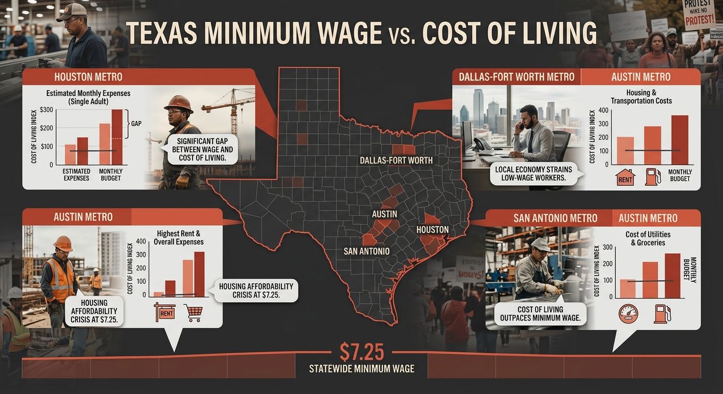 Map of Texas highlighting major metro areas (Houston, Dallas, Austin, San Antonio) with their local cost-of-living indices compared to the $7.25 statewide minimum wage, showing the gap between local c