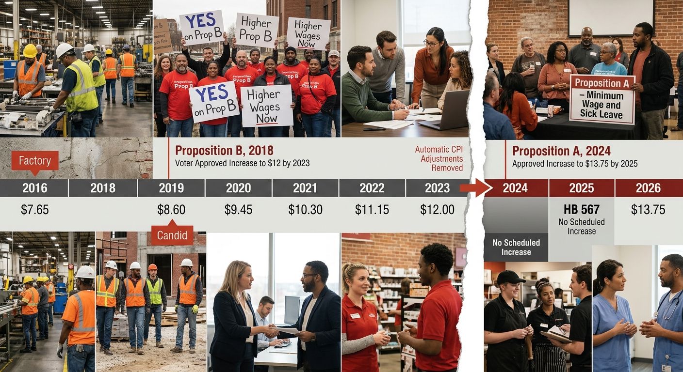 A timeline diagram showing Missouri's minimum wage from 2016 to 2026, marking Proposition B in 2018, Proposition A in 2024, and HB 567 in 2025, with a visual break indicating where automatic CPI adjus