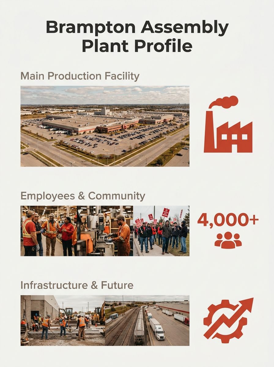 Aerial view of the Brampton Assembly plant industrial complex with parking lots and surrounding infrastructure