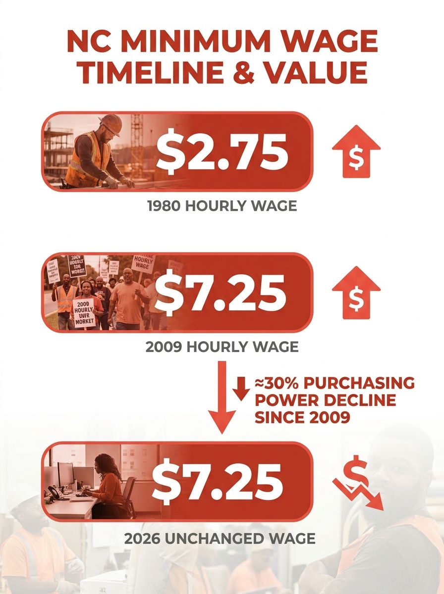 A timeline infographic showing North Carolina's minimum wage from 1980 ($2.75) through 2009 ($7.25) to 2026 ($7.25 unchanged), compared against inflation-adjusted purchasing power declining approximat