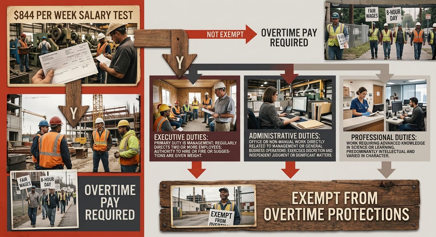 A flowchart diagram showing how Pennsylvania determines if a worker is exempt from overtime protections, starting with the $844 per week salary test, then branching into executive, administrative, and