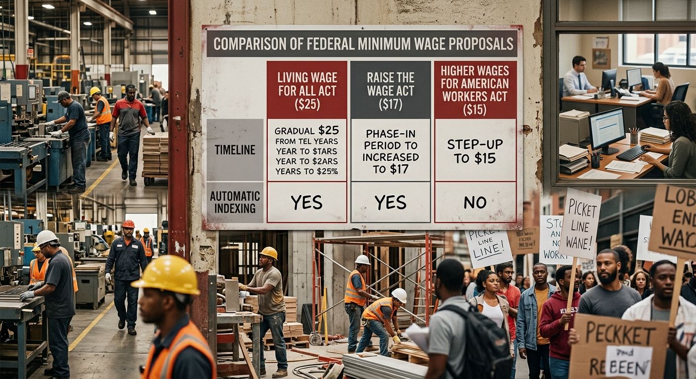 A comparison chart showing three federal minimum wage proposals side by side with columns for the Living Wage for All Act at 25 dollars, the Raise the Wage Act at 17 dollars, and the Higher Wages for 