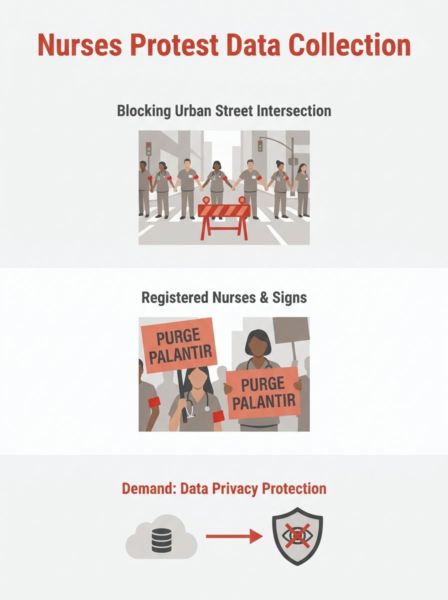Registered nurses holding Purge Palantir protest signs blocking urban street intersection