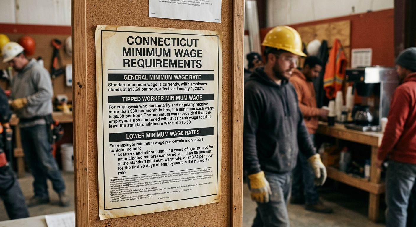 Illustration of a workplace posting board showing Connecticut minimum wage requirements, including the standard rate, tipped worker rates, and minor/learner rates displayed as a legal notice