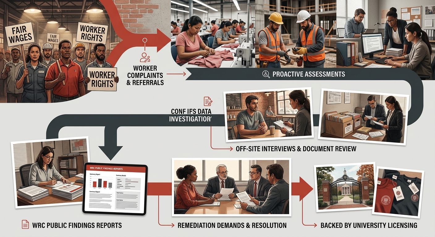 An infographic showing the WRC investigation process flow: worker complaints and proactive assessments feed into off-site interviews and document review, which produce public findings reports, leading