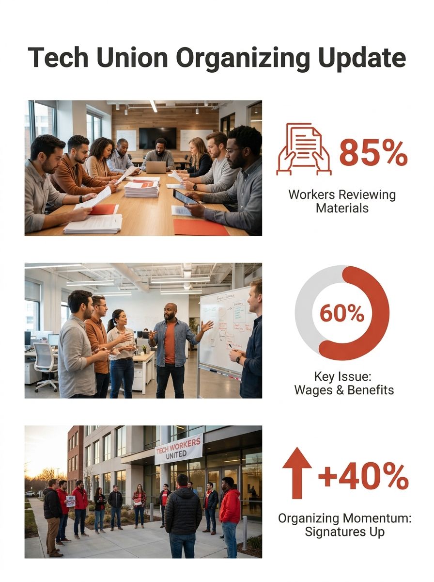 Tech workers reviewing union organizing materials at a workplace meeting
