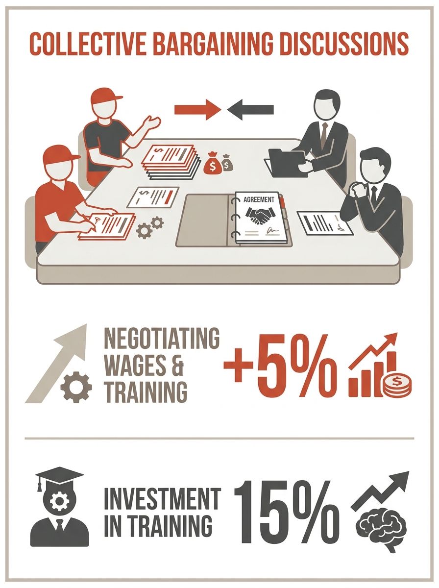 Dutch union representatives and employers meeting across a negotiating table with documents, representing collective bargaining discussions about wages and training investments