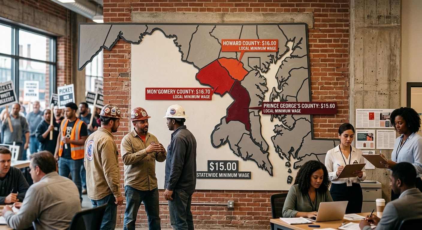 Map of Maryland highlighting Montgomery County, Howard County, and Prince George's County in distinct colors with their respective minimum wage rates displayed, contrasted against the statewide $15.00