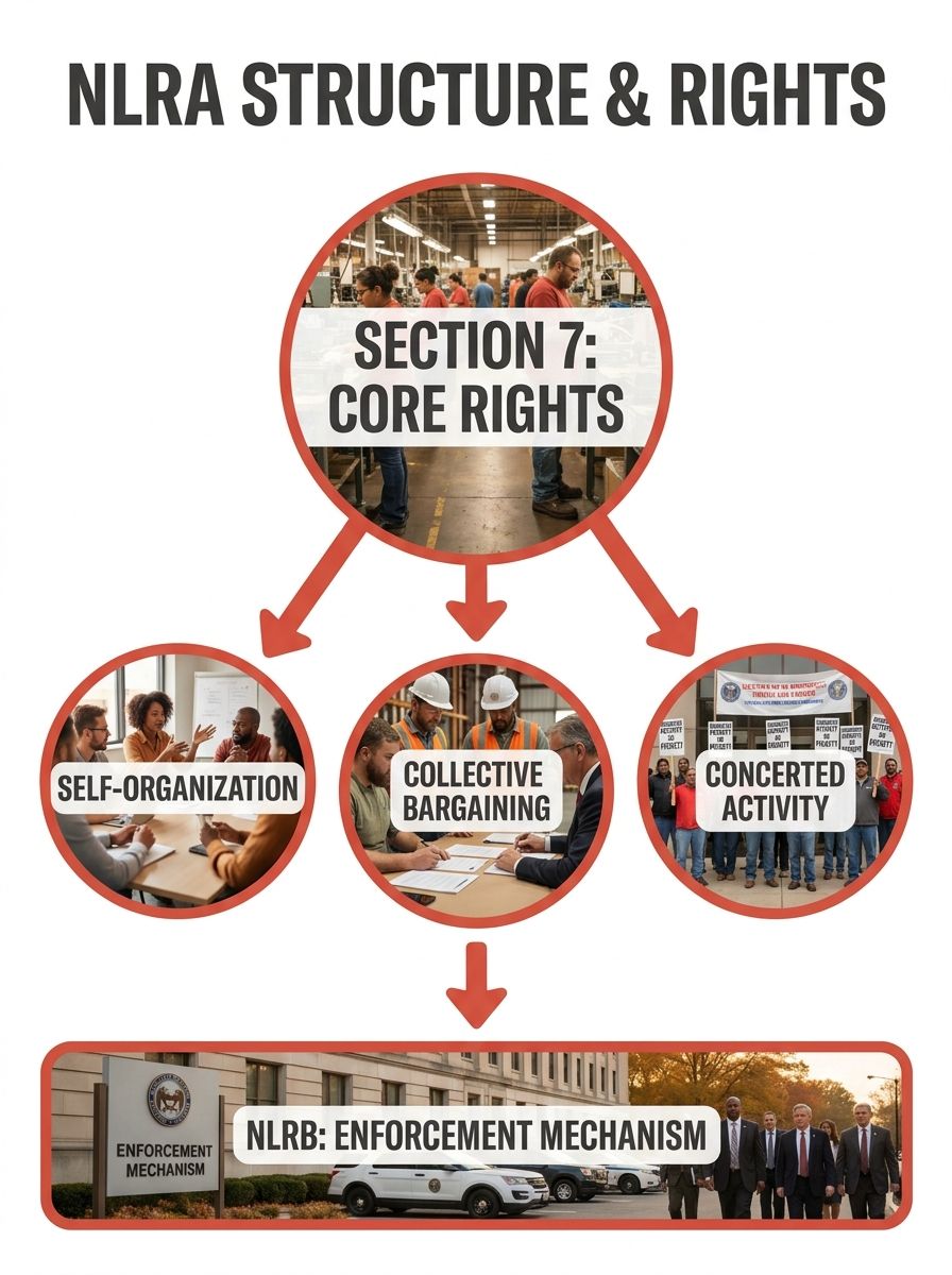 An infographic showing the structure of the NLRA, with Section 7 at the center branching out to the three core rights it protects, self-organization, collective bargaining, and concerted activity, wit