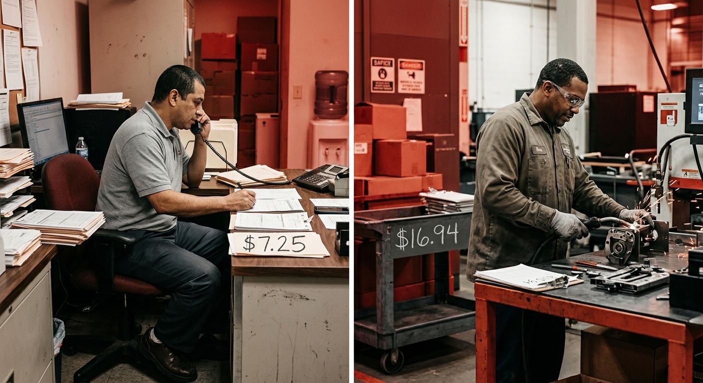 Side-by-side comparison illustration showing a Connecticut worker's hourly rate of $16.94 versus the federal minimum wage of $7.25, with visual emphasis on the gap between the two amounts