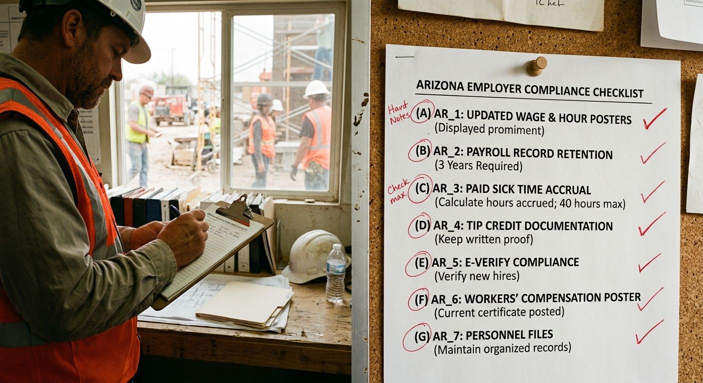 A document-style illustration showing an Arizona employer's compliance checklist with items like updated wage posters, payroll record retention periods, sick time accrual calculations, and tip credit 