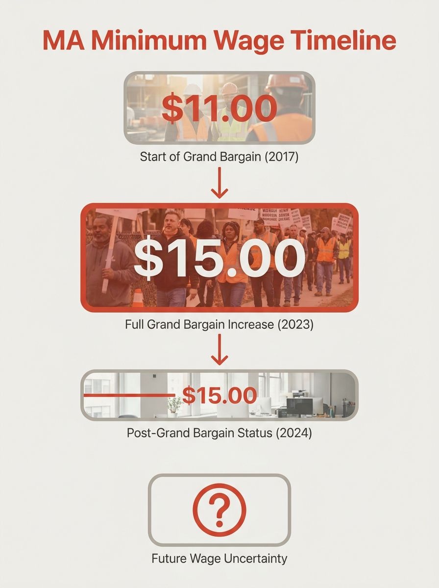Timeline infographic showing Massachusetts minimum wage increases from $11.00 in 2017 to $15.00 in 2023 under the Grand Bargain, with a flat line extending through 2024 and a question mark for future 