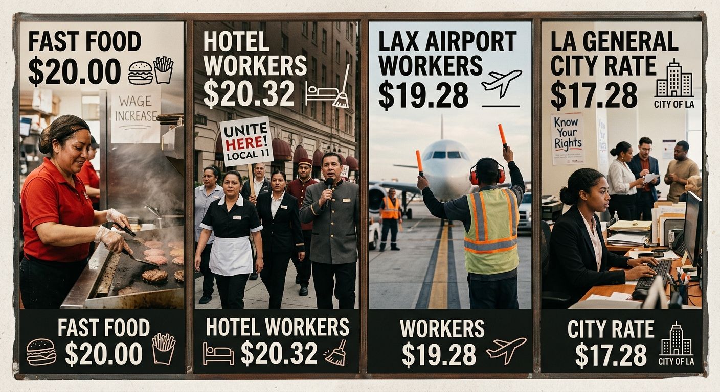 comparison chart showing four industry-specific minimum wage rates in Los Angeles, fast food ($20.00), hotel workers ($20.32), LAX airport workers ($19.28), and the general city rate ($17.28), with ic