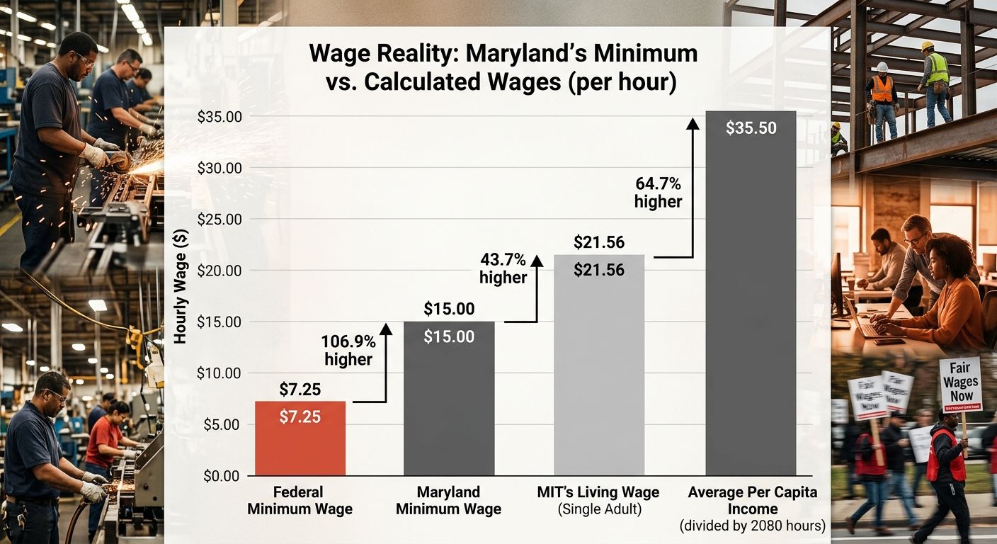 Bar chart comparing Maryland's minimum wage of $15.00, MIT's calculated living wage of $21.56 for a single adult, the average per capita income of $73,849 divided by 2080 hours, and the federal minimu