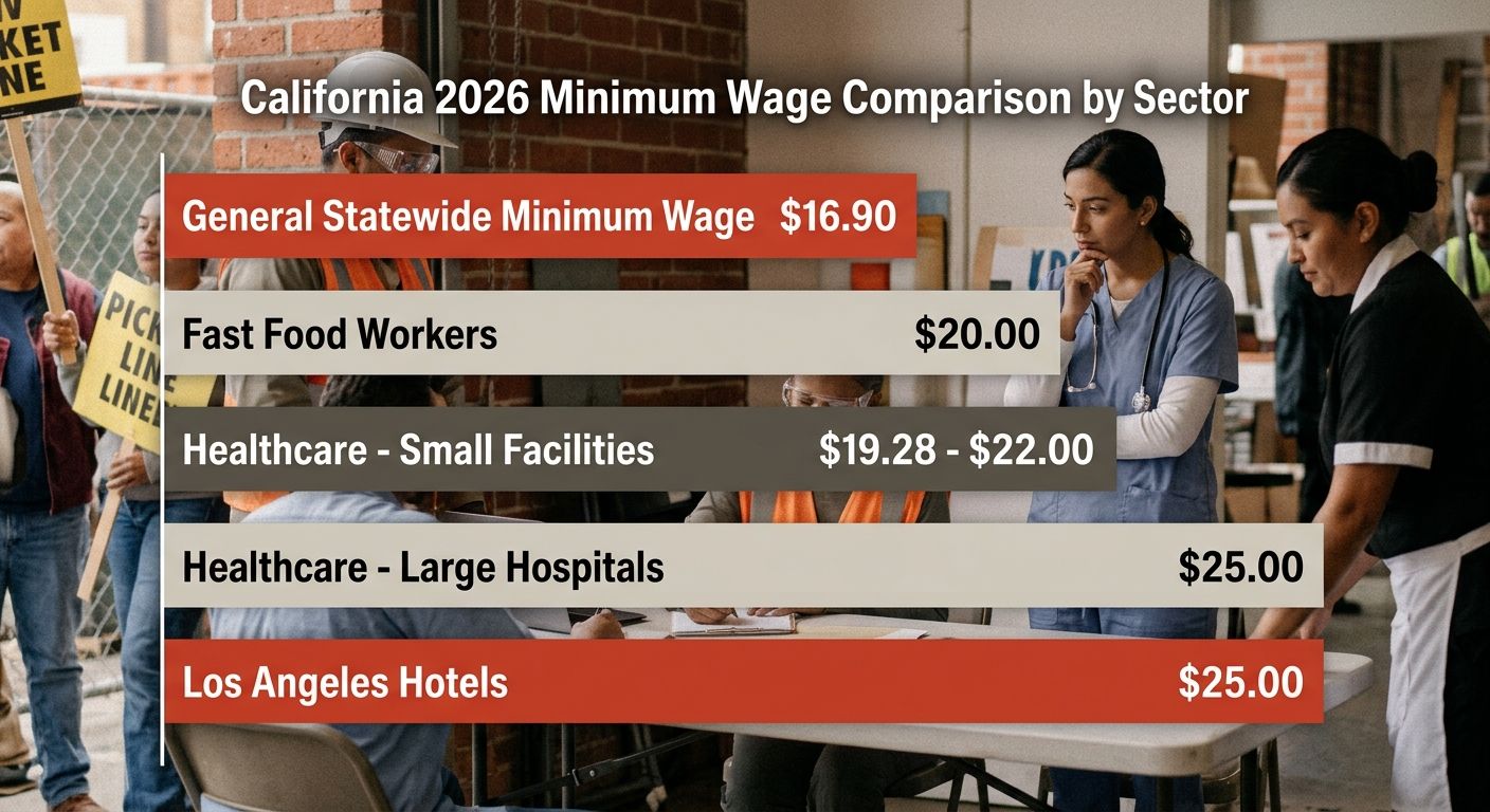 Comparison table showing California's 2026 minimum wage rates across sectors, general statewide ($16.90), fast food ($20.00), healthcare small facilities ($19.28-$22.00), healthcare large hospitals ($
