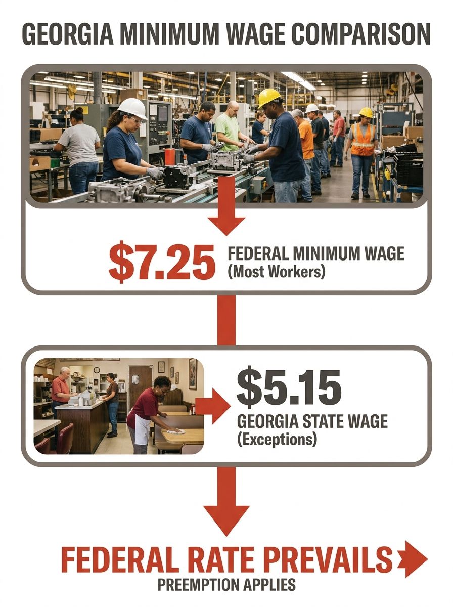 An infographic comparing Georgia's $5.15 state minimum wage with the $7.25 federal minimum wage, showing which rate applies based on employer type, with arrows indicating federal preemption for most w