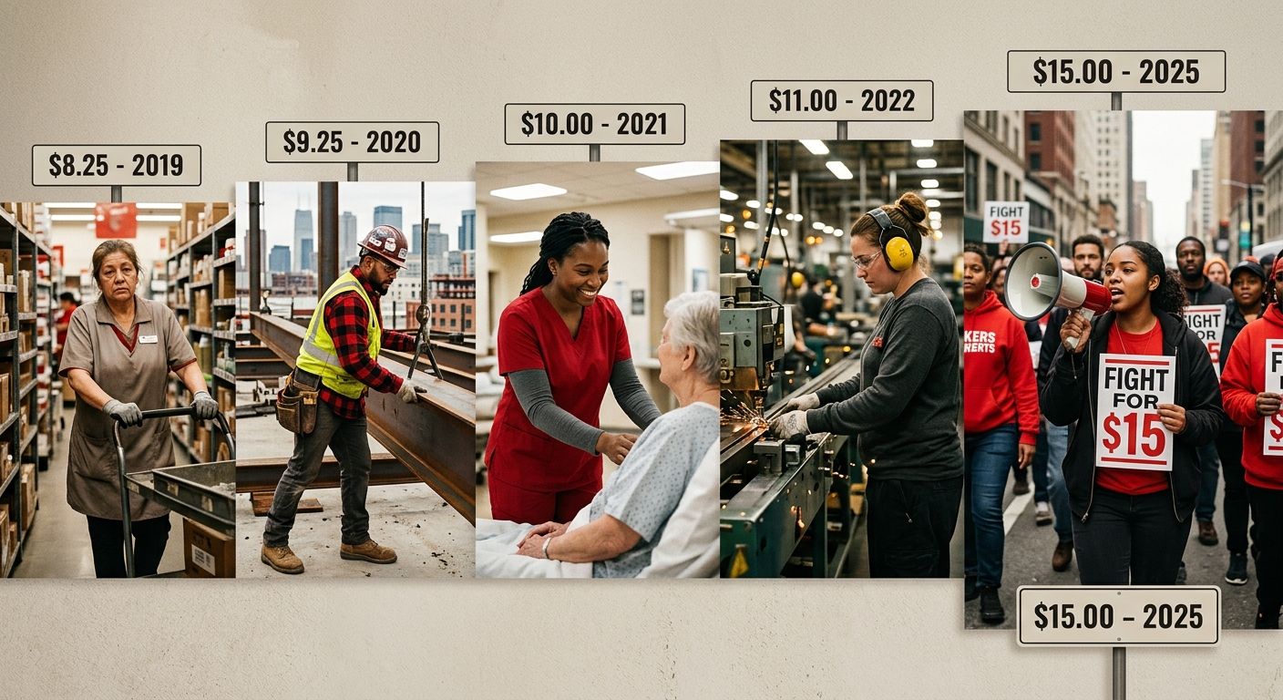 A timeline illustration showing Illinois minimum wage increases from $8.25 in 2019 to $15.00 in 2025, with each step labeled by year and amount against a background suggesting workers in healthcare an