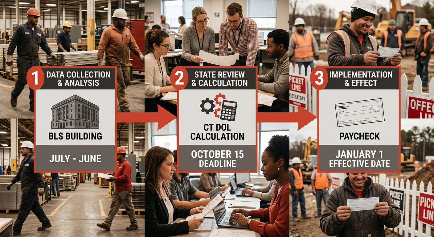 A three-stage flowchart diagram showing Connecticut's minimum wage calculation pipeline: Stage 1 with a BLS building icon and July-June timeline, Stage 2 with a CT DOL calculation symbol and October 1