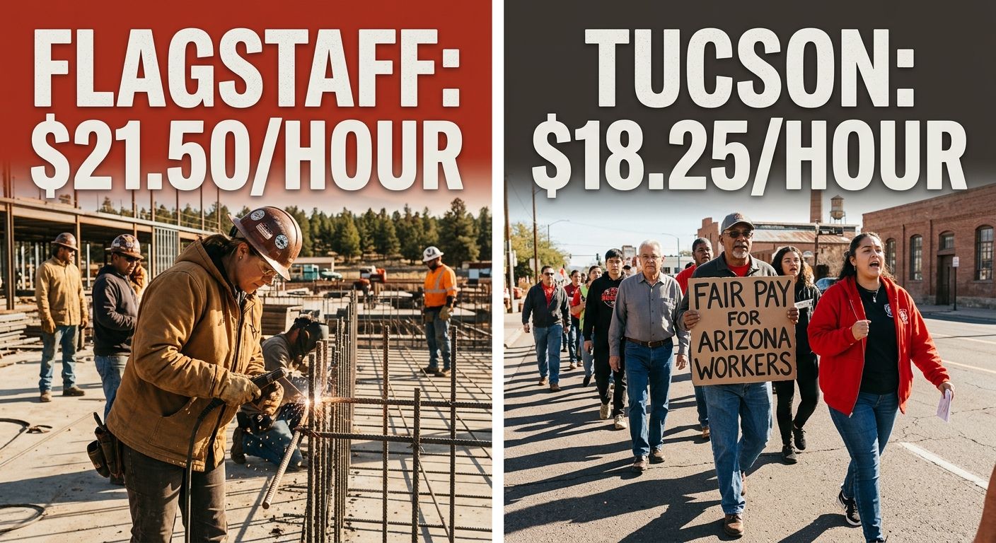 A side-by-side comparison map of Arizona highlighting Flagstaff, Tucson, and the rest of the state with their respective 2026 minimum wage rates in large text, showing the geographic wage variation