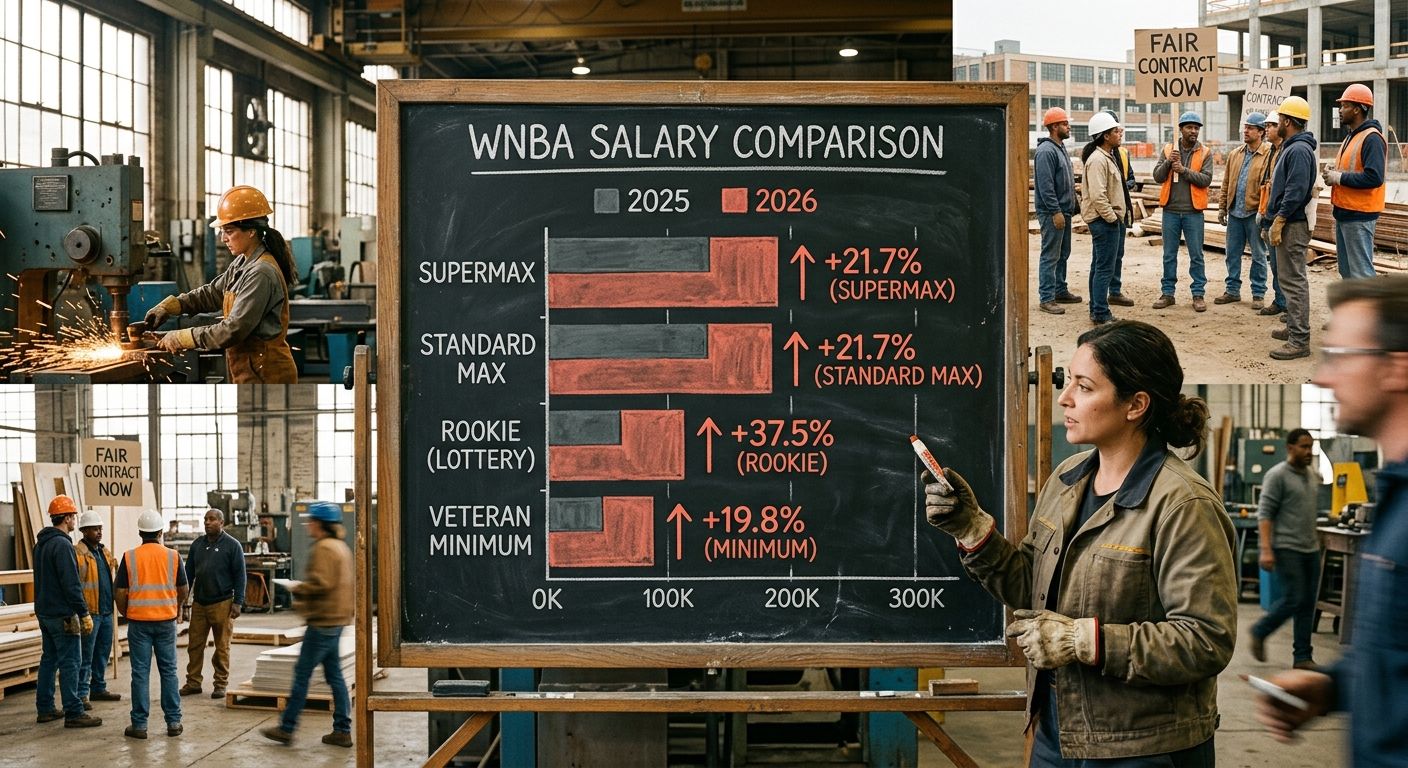 Comparison bar chart showing WNBA salary levels in 2025 versus 2026 across supermax, standard max, minimum, and rookie tiers, with dramatic increases highlighted