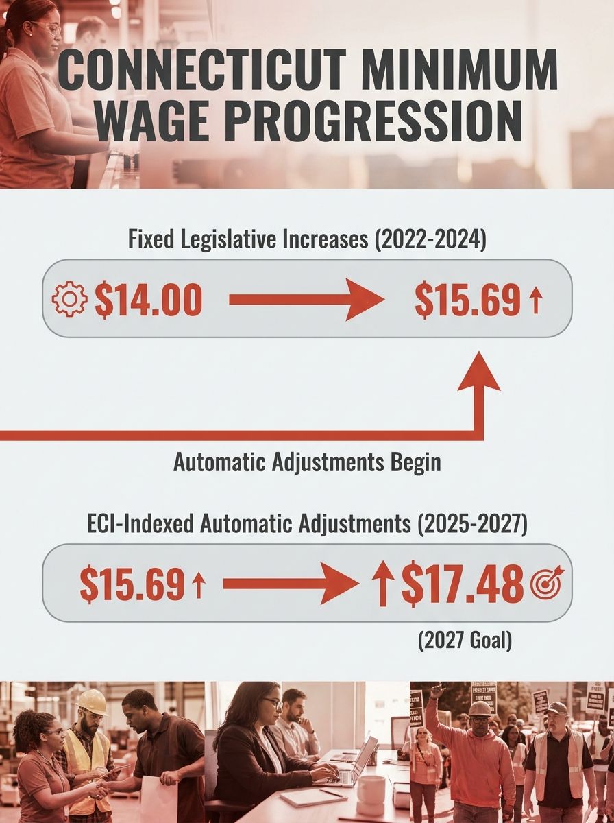Infographic showing Connecticut minimum wage rate progression from $14.00 in 2022 through $17.48 in 2027, with a clear dividing line between the fixed legislative increases and the ECI-indexed automat