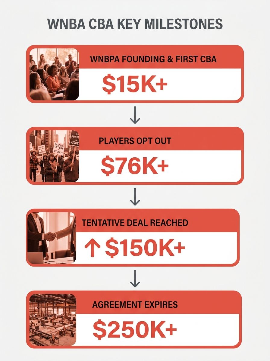 Timeline infographic showing WNBA CBA milestones from WNBPA founding in 1998, through the October 2024 opt-out, the March 2026 tentative deal, and the 2032 expiration, with key salary figures at each 