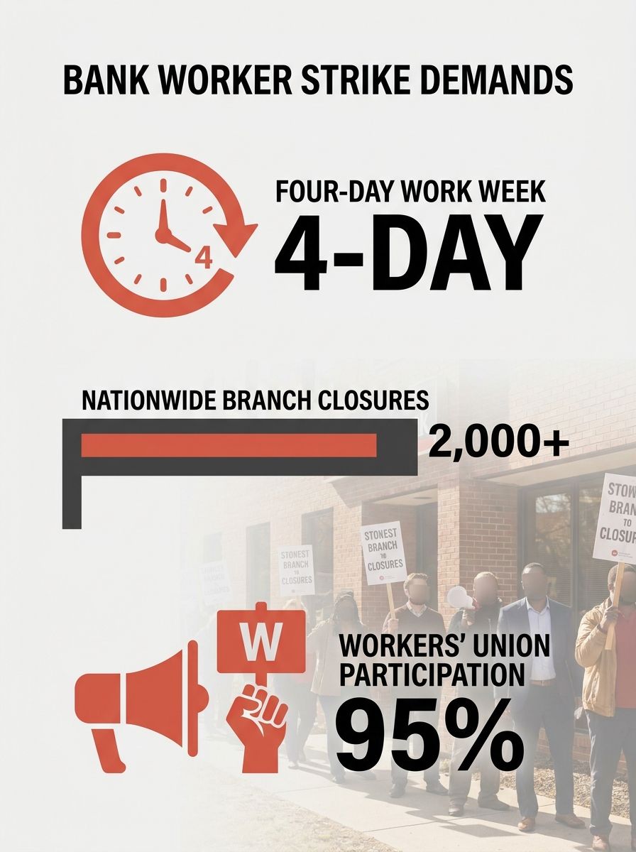 Bank workers holding strike placards outside a branch during the September 2026 nationwide strike over work-week demands